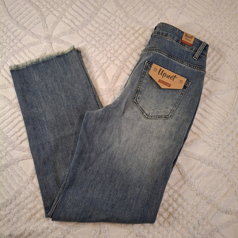 Upnet Womens Size 8 Short Straight Leg Jeans Blue Raw Hem High Rise NWT